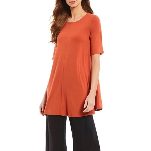 NWOT Eileen Fisher Rust Orange Pekoe Viscose Jersey Jewel Neck Tunic Tee Top S - Picture 1 of 12